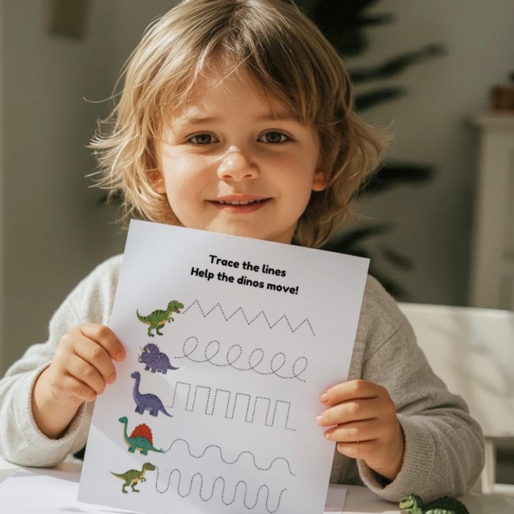 Smiling toddler holding dinosaur printable worksheet with tracing activity for preschool learning
