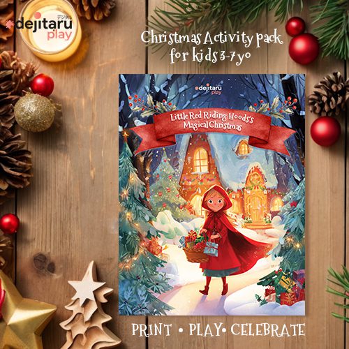 Christmas-themed printable activity pack displayed on a wooden table with festive decorations