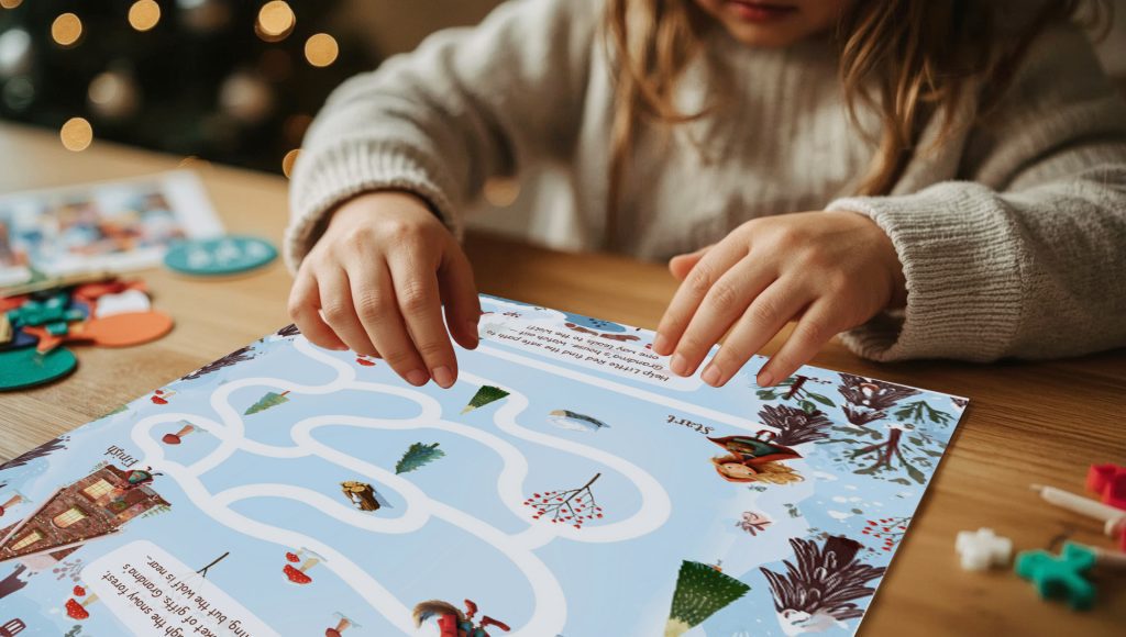 Child working on a holiday-themed maze worksheet at a table during Christmas season.