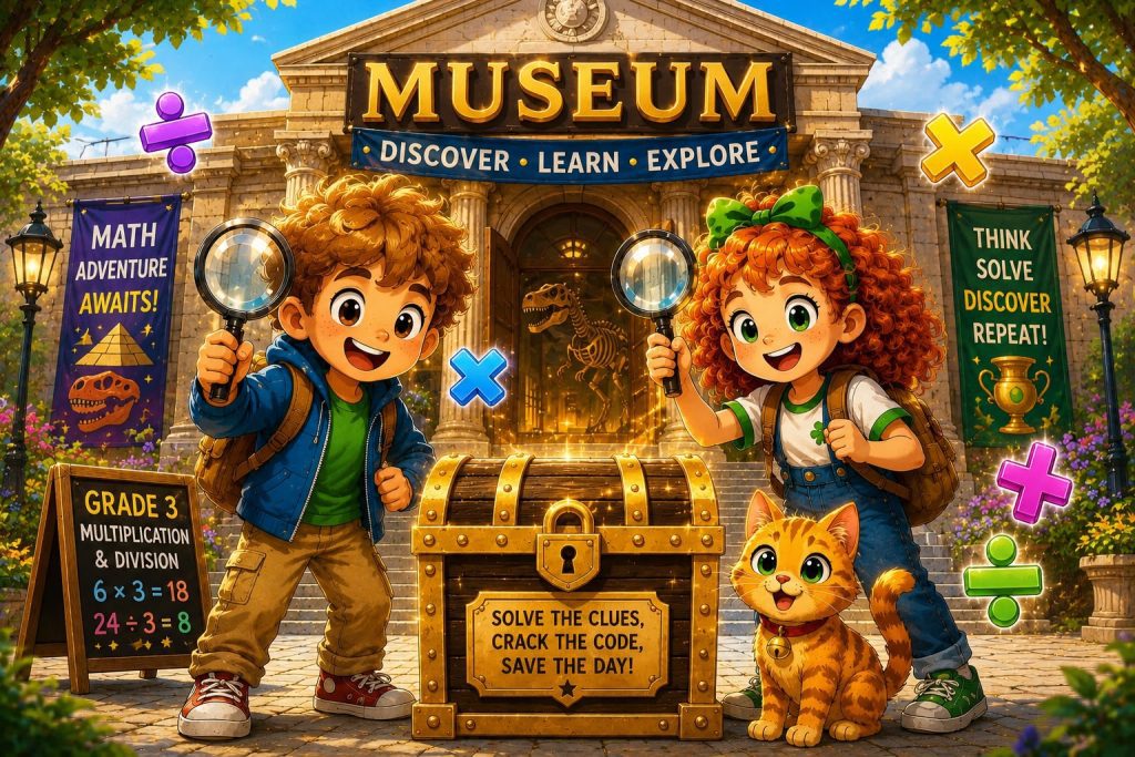 Math escape room 3rd grade featuring Kai and Gwen detective characters with cat Pip in front of muse