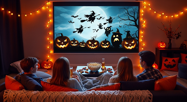 teen halloween movie marathon with spooky decorations